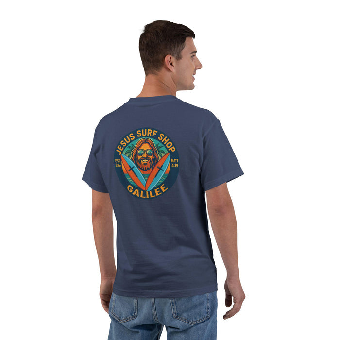 Jesus Surf Shop Galilee Christian T-Shirt - Matthew 4:19 Bible Verse Tee, Fishers of Men Surf Shirt, Retro Coastal Faith Apparel