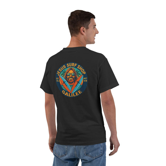 Jesus Surf Shop Galilee Christian T-Shirt - Matthew 4:19 Bible Verse Tee, Fishers of Men Surf Shirt, Retro Coastal Faith Apparel