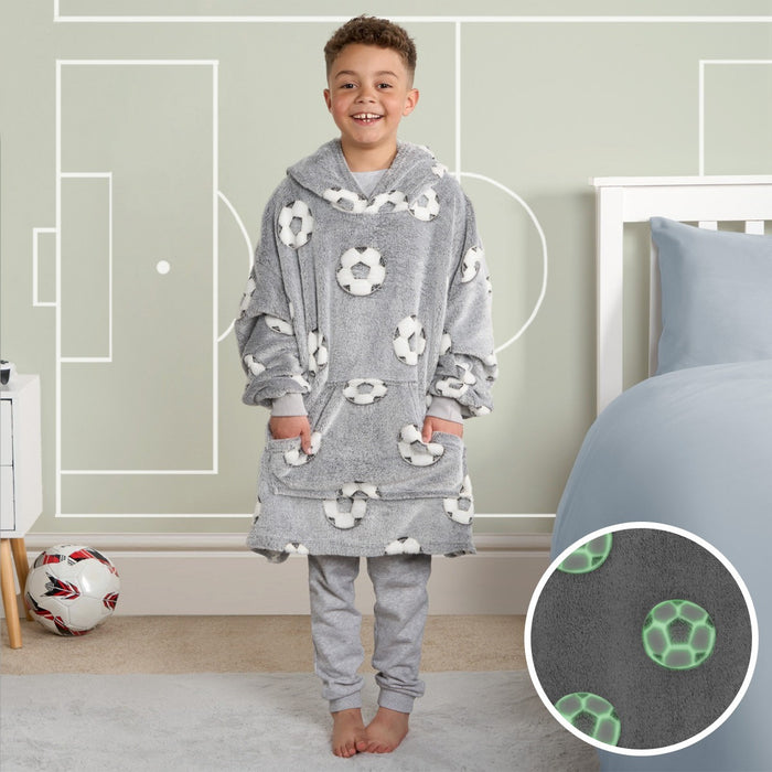 Kids Glow In The Dark Football Hoodie Blanket - Grey 🇬🇧
