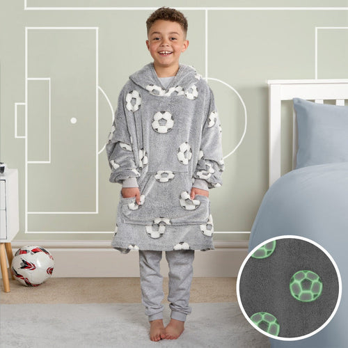 Kids Glow In The Dark Football Hoodie Blanket - Grey 🇬🇧