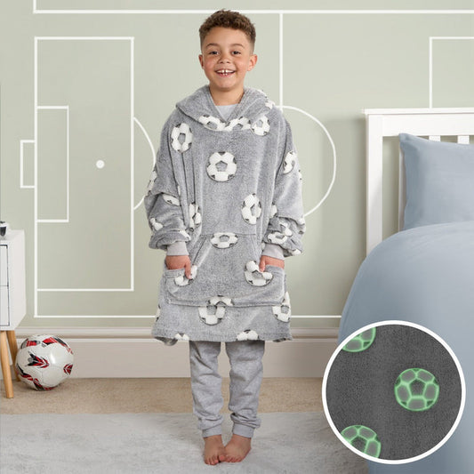 Kids Glow In The Dark Football Hoodie Blanket - Grey 🇬🇧