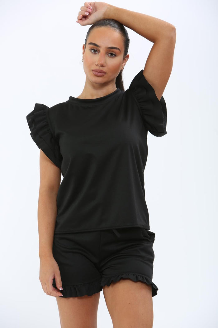 Ladies Frill Peplum Sleeve Top and Short 2 Piece Tracksuit Set 🇬🇧