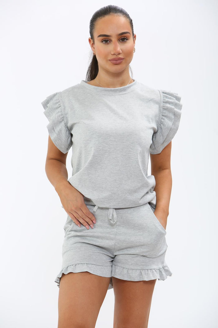 Ladies Frill Peplum Sleeve Top and Short 2 Piece Tracksuit Set 🇬🇧