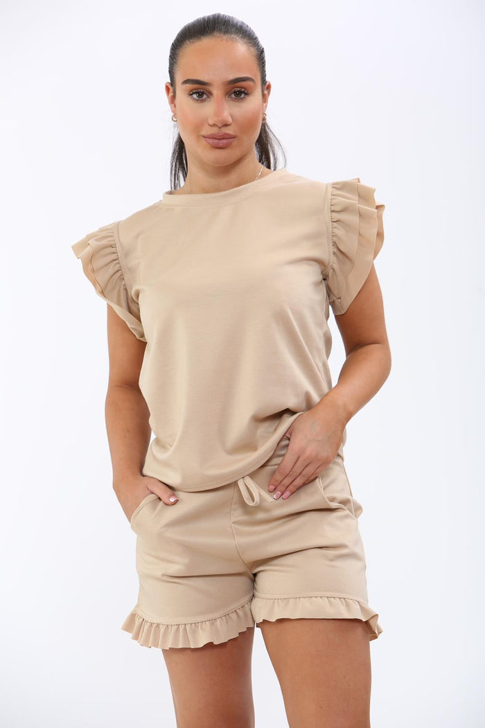 Ladies Frill Peplum Sleeve Top and Short 2 Piece Tracksuit Set 🇬🇧