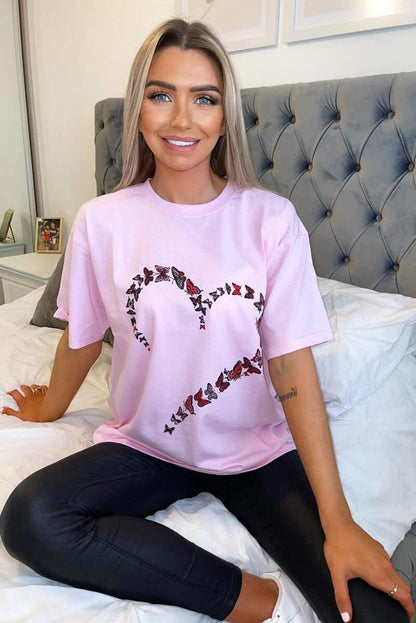 Ladies Oversized Printed Heart Short Sleeves T Shirt Top 🇬🇧