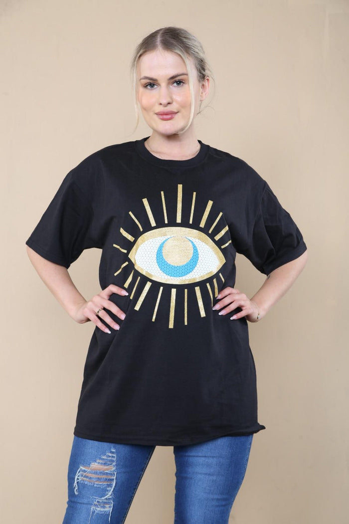 Ladies Oversized Sequin Eye Printed Short Sleeves T Shirt Top 🇬🇧