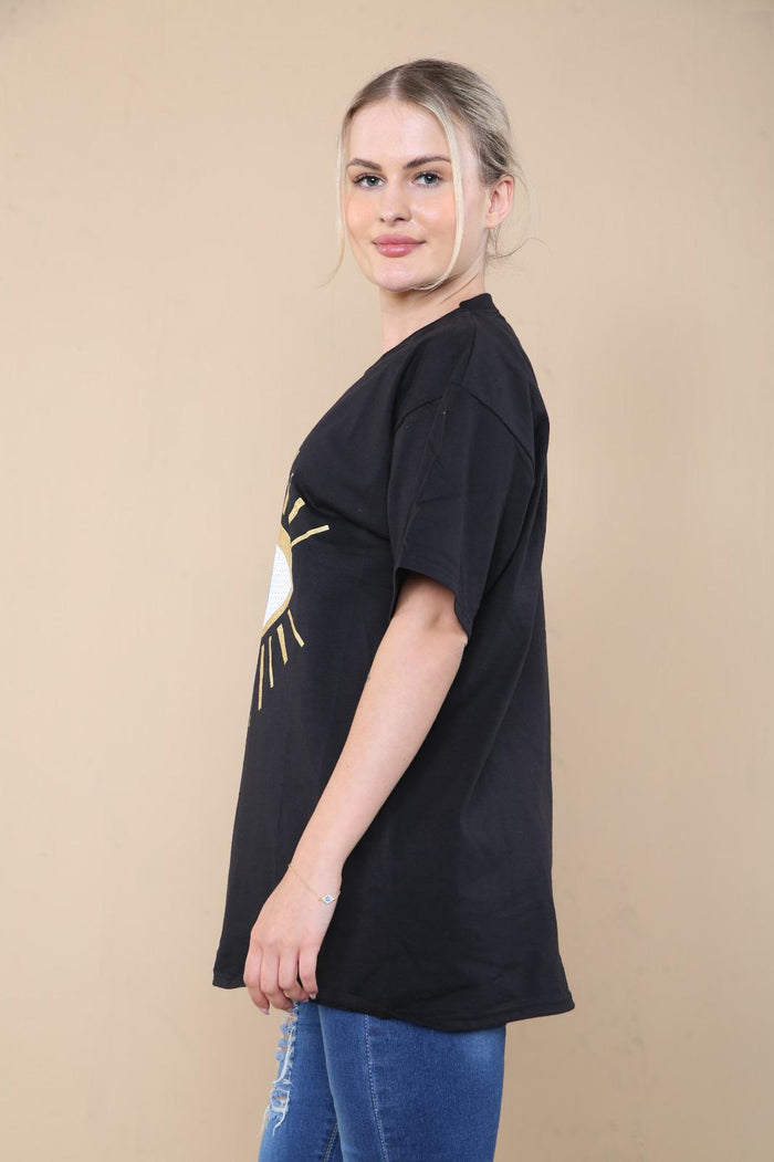 Ladies Oversized Sequin Eye Printed Short Sleeves T Shirt Top 🇬🇧