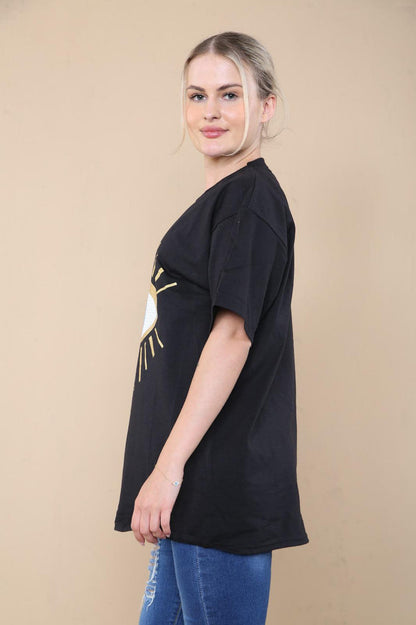 Ladies Oversized Sequin Eye Printed Short Sleeves T Shirt Top 🇬🇧
