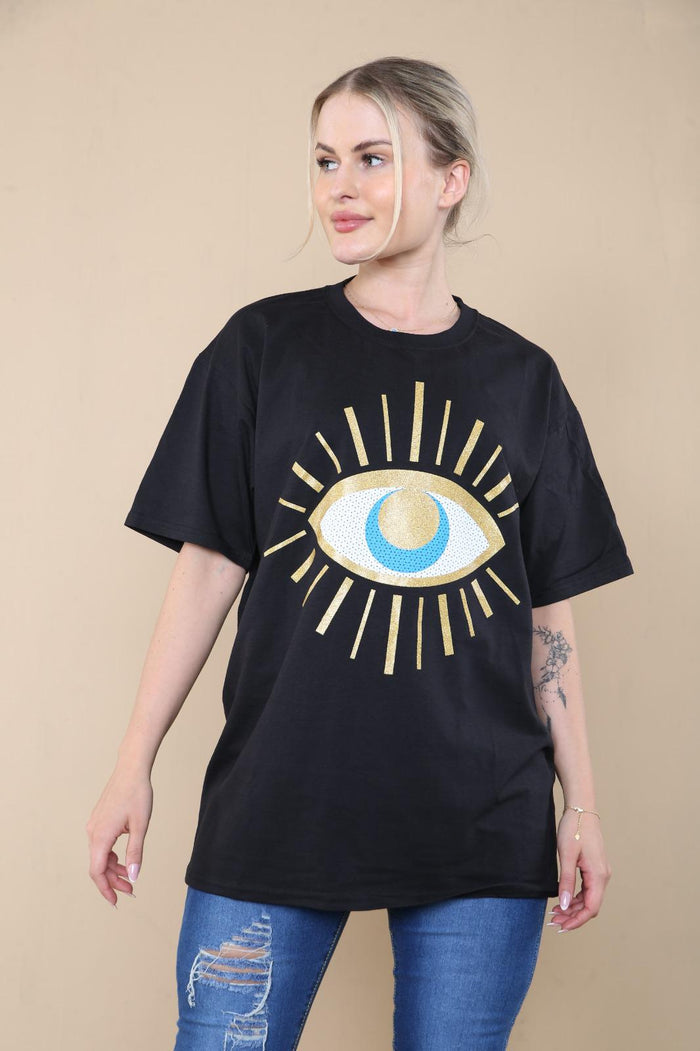 Ladies Oversized Sequin Eye Printed Short Sleeves T Shirt Top 🇬🇧