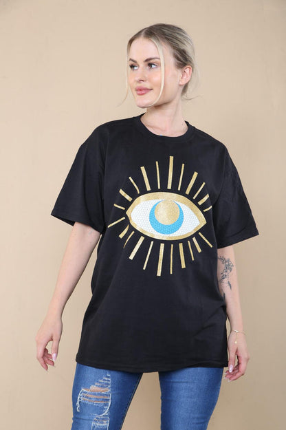 Ladies Oversized Sequin Eye Printed Short Sleeves T Shirt Top 🇬🇧