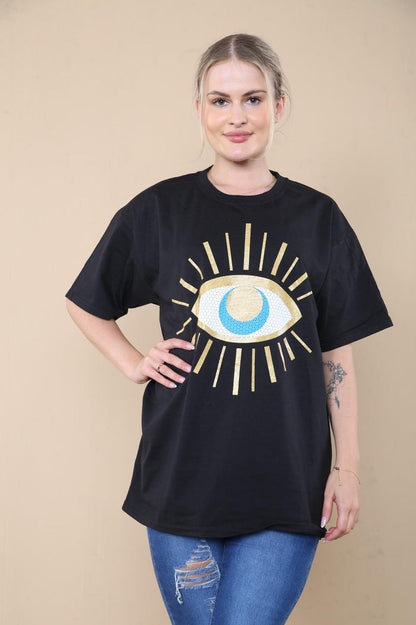 Ladies Oversized Sequin Eye Printed Short Sleeves T Shirt Top 🇬🇧