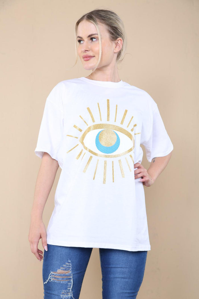 Ladies Oversized Sequin Eye Printed Short Sleeves T Shirt Top 🇬🇧