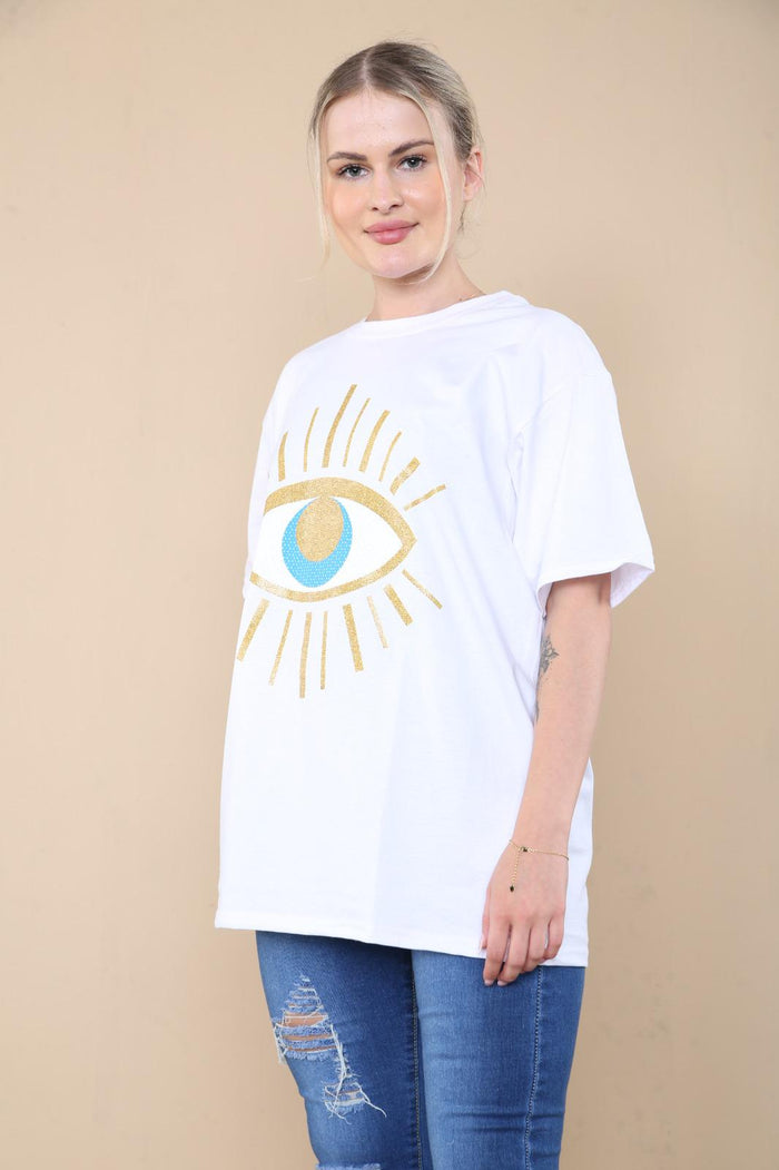 Ladies Oversized Sequin Eye Printed Short Sleeves T Shirt Top 🇬🇧