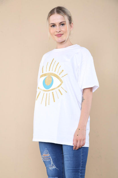 Ladies Oversized Sequin Eye Printed Short Sleeves T Shirt Top 🇬🇧