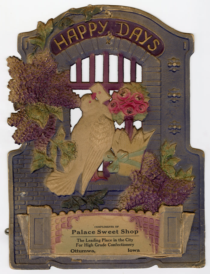 Large Antique HAPPY DAYS Embossed Dove Die-cut, Sweet Shop Advertisement