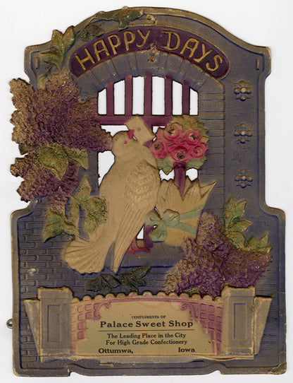 Large Antique HAPPY DAYS Embossed Dove Die-cut, Sweet Shop Advertisement
