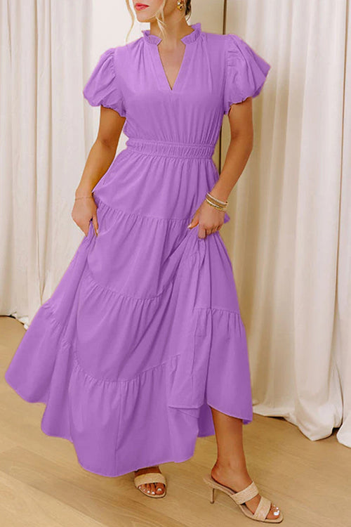 Lavendula Solid Color V Neck Short Puff Sleeve High Waist Tiered Maxi Dress 🇺🇸
