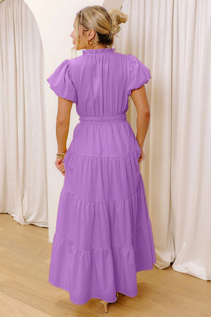 Lavendula Solid Color V Neck Short Puff Sleeve High Waist Tiered Maxi Dress 🇺🇸