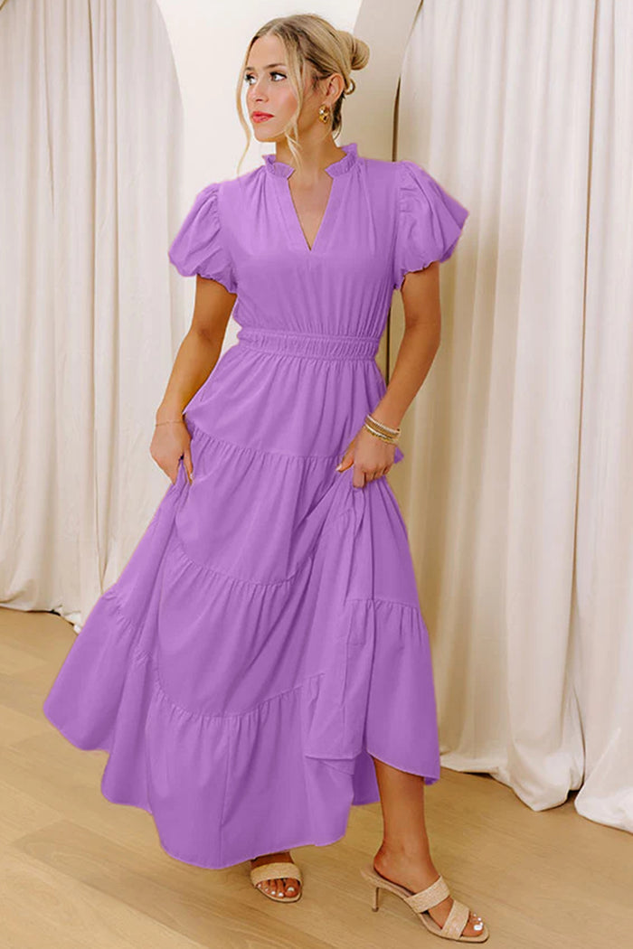 Lavendula Solid Color V Neck Short Puff Sleeve High Waist Tiered Maxi Dress 🇺🇸