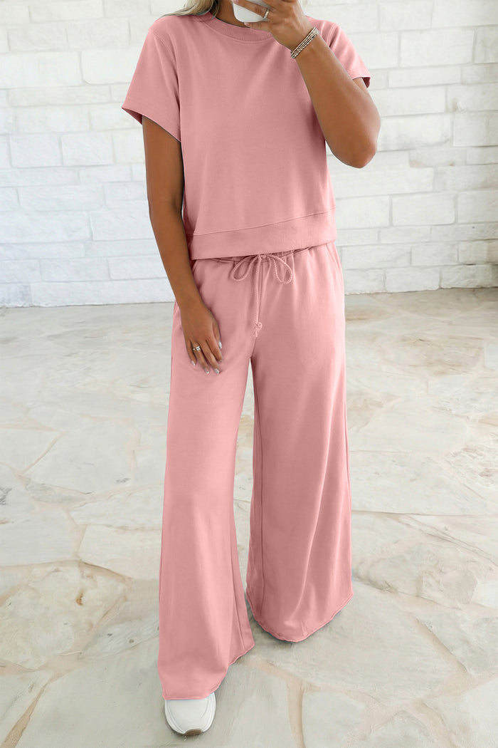 Light Pink Solid Color Loose Tee Drawstring Wide Leg Pants 2pcs Outfit 🇺🇸