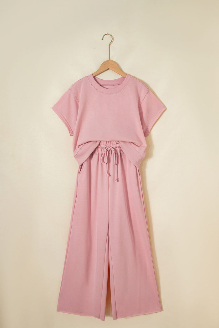 Light Pink Solid Color Loose Tee Drawstring Wide Leg Pants 2pcs Outfit 🇺🇸