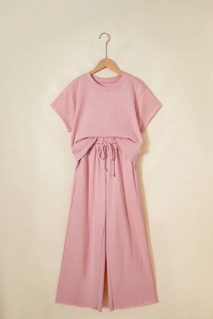 Light Pink Solid Color Loose Tee Drawstring Wide Leg Pants 2pcs Outfit 🇺🇸