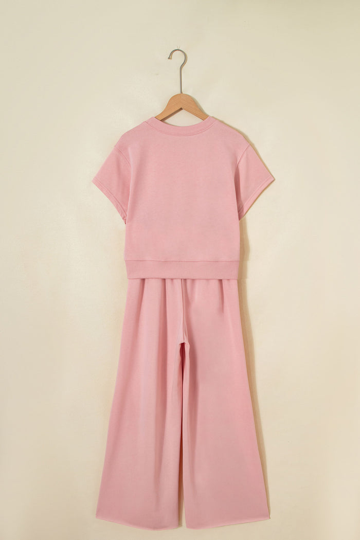 Light Pink Solid Color Loose Tee Drawstring Wide Leg Pants 2pcs Outfit 🇺🇸