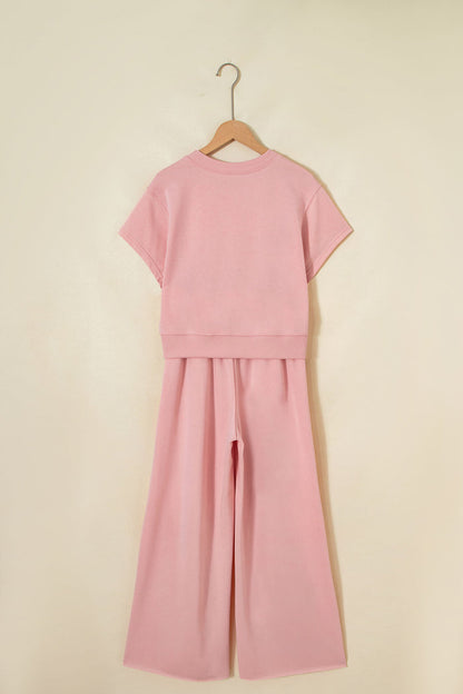 Light Pink Solid Color Loose Tee Drawstring Wide Leg Pants 2pcs Outfit 🇺🇸
