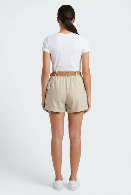 Linen Pleated Shorts w/ Woven Ratten Strech Belt