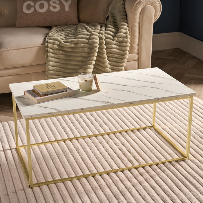 Manhattan Marble Effect Rectangle Coffee Table - White/Gold 🇬🇧
