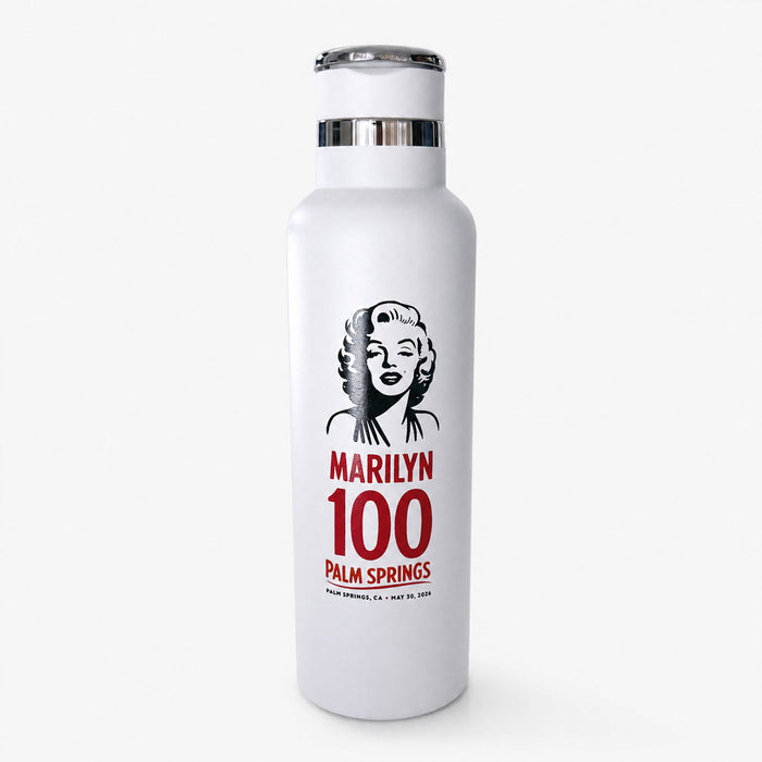 White water bottle with Marilyn Monroe graphic and text on a white background