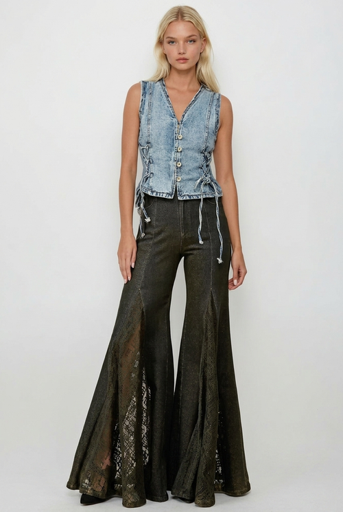 mix media wide leg denim pants