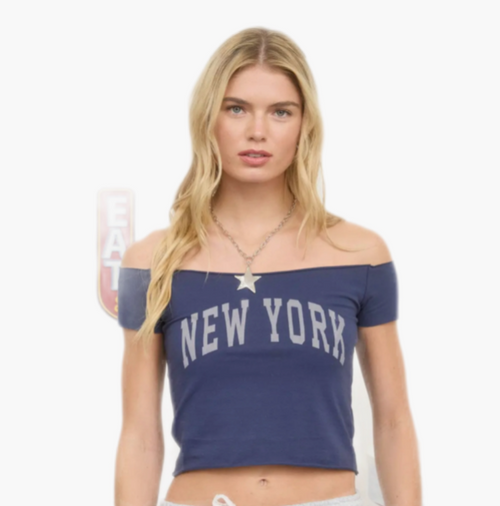 NY off the shoulder raw edge knit crop top