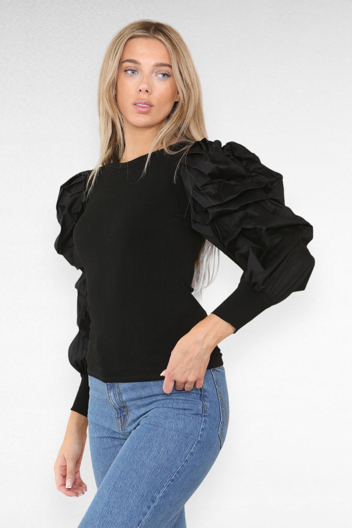 Oversized Puff Sleeves Ribbed Top 🇬🇧