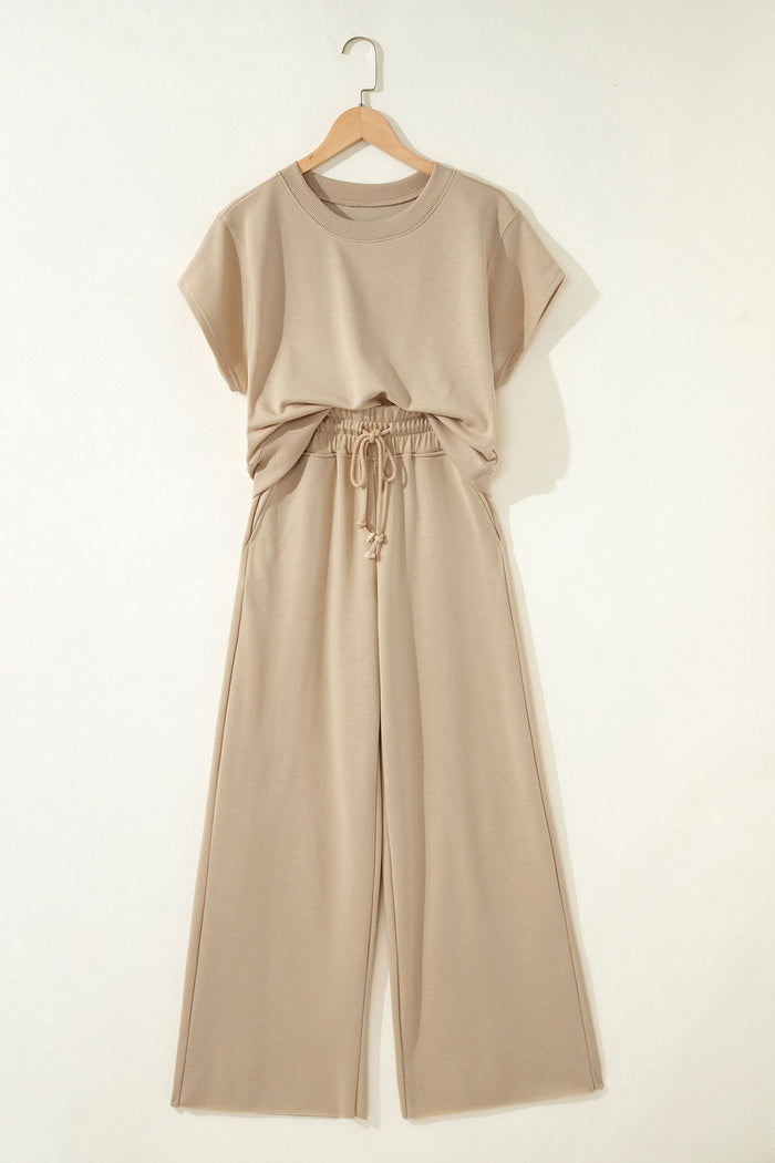 Parchment Solid Color Loose Tee Drawstring Wide Leg Pants 2pcs Outfit 🇺🇸