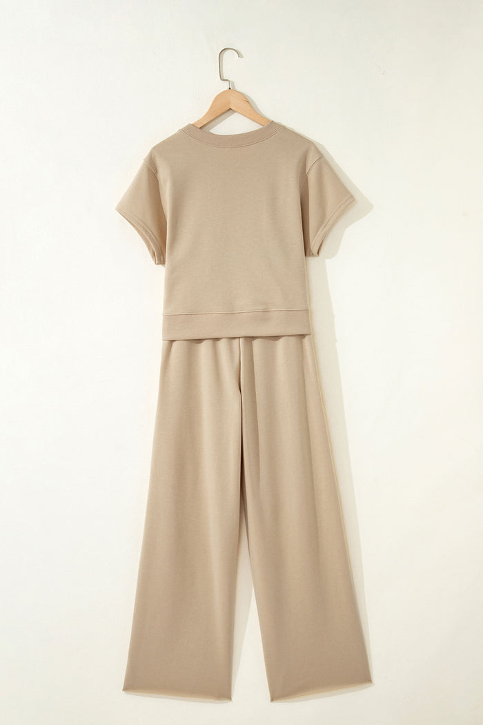 Parchment Solid Color Loose Tee Drawstring Wide Leg Pants 2pcs Outfit 🇺🇸