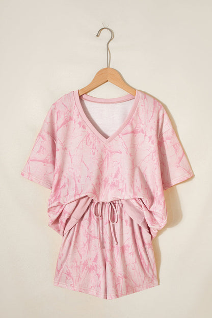 Pink Abstract Print V Neck Loose Tee Drawstring Shorts 2pcs Outfit 🇺🇸