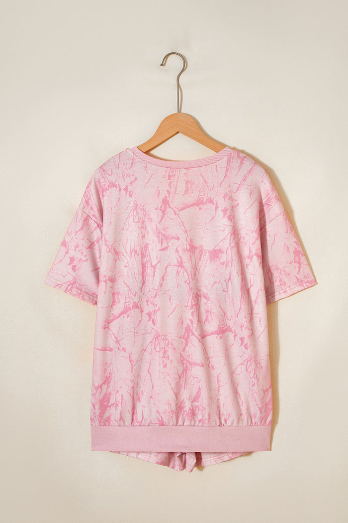 Pink Abstract Print V Neck Loose Tee Drawstring Shorts 2pcs Outfit 🇺🇸