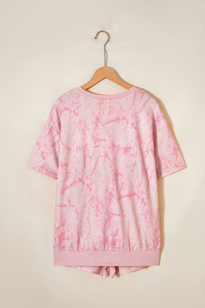 Pink Abstract Print V Neck Loose Tee Drawstring Shorts 2pcs Outfit 🇺🇸