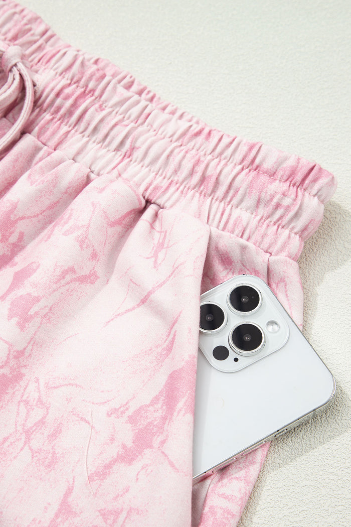 Pink Abstract Print V Neck Loose Tee Drawstring Shorts 2pcs Outfit 🇺🇸