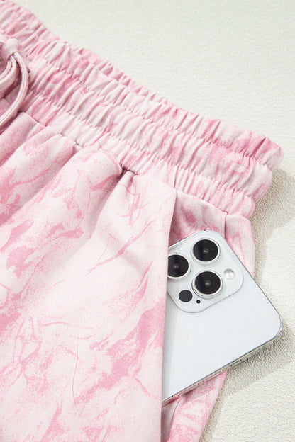 Pink Abstract Print V Neck Loose Tee Drawstring Shorts 2pcs Outfit 🇺🇸