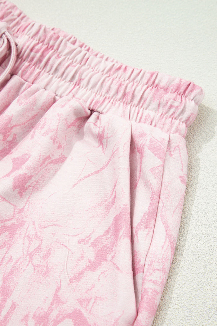 Pink Abstract Print V Neck Loose Tee Drawstring Shorts 2pcs Outfit 🇺🇸