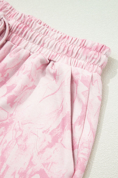 Pink Abstract Print V Neck Loose Tee Drawstring Shorts 2pcs Outfit 🇺🇸