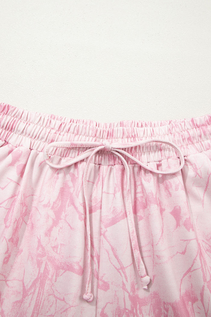Pink Abstract Print V Neck Loose Tee Drawstring Shorts 2pcs Outfit 🇺🇸