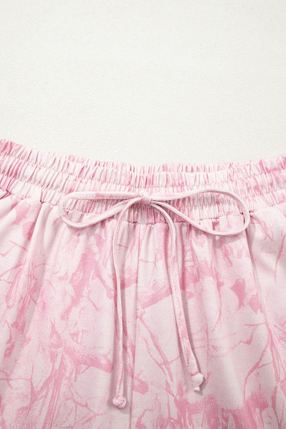 Pink Abstract Print V Neck Loose Tee Drawstring Shorts 2pcs Outfit 🇺🇸