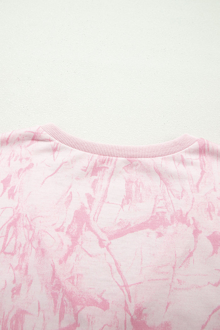 Pink Abstract Print V Neck Loose Tee Drawstring Shorts 2pcs Outfit 🇺🇸