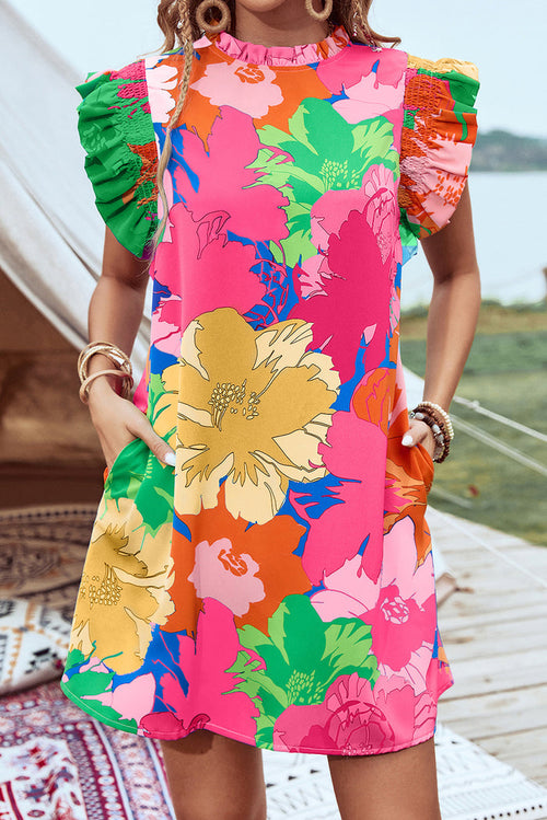 Pink Bold Floral Flutter Sleeve Shift Mini Dress with Pockets 🇺🇸