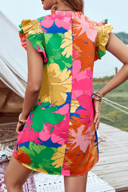 Pink Bold Floral Flutter Sleeve Shift Mini Dress with Pockets 🇺🇸