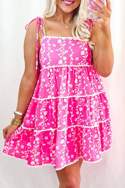 Pink Floral Print Ric Rac Patched Sleeveless Mini Dress 🇺🇸