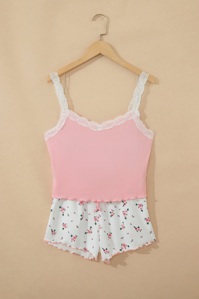 Pink Ribbed Knit Lace Straps Patchwork Lettuce Hem Cropped Top Floral Short Lounge Set 🇺🇸